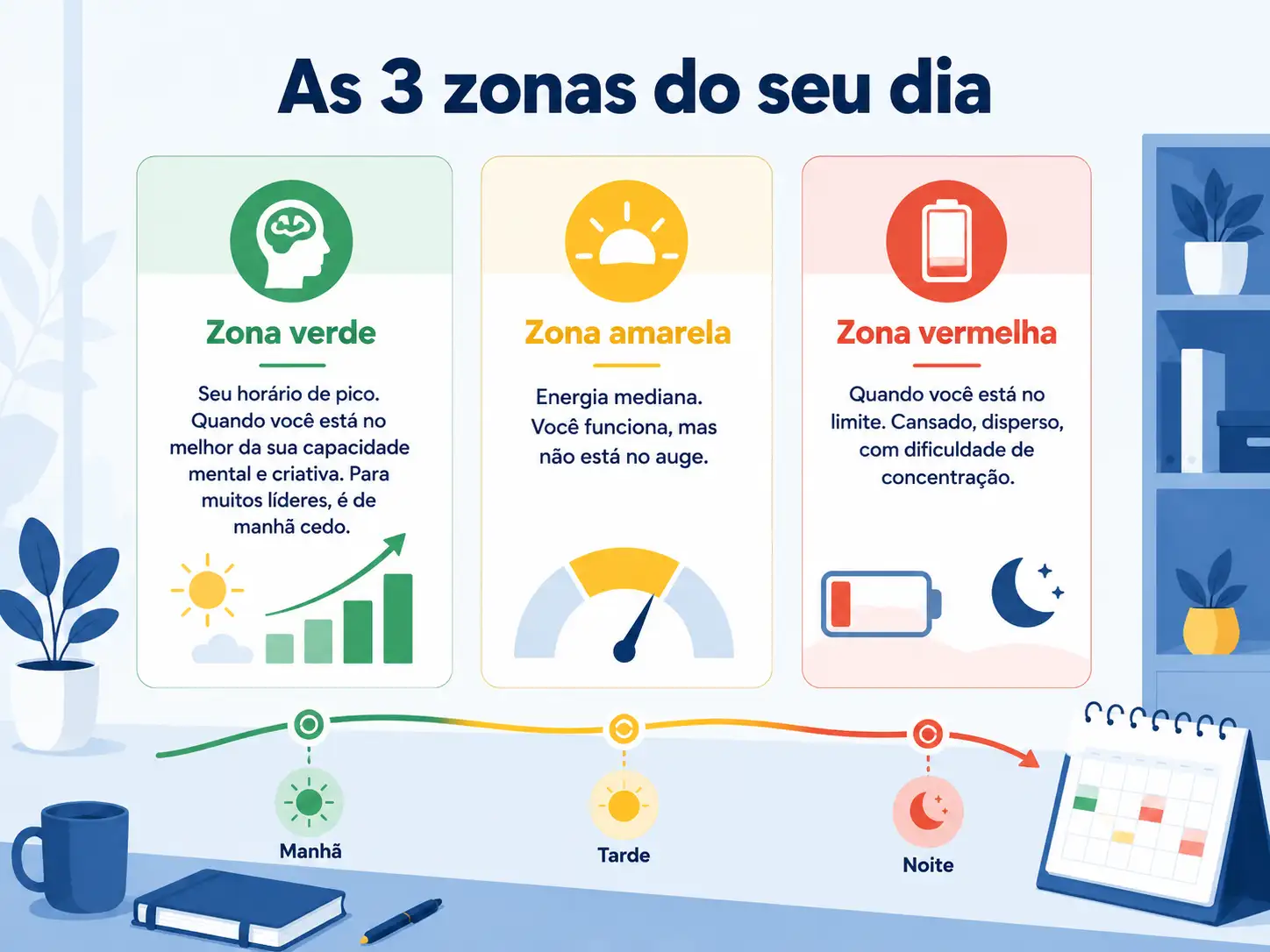 Infográfico mostrando as três zonas do dia: zona verde, zona amarela e zona vermelha