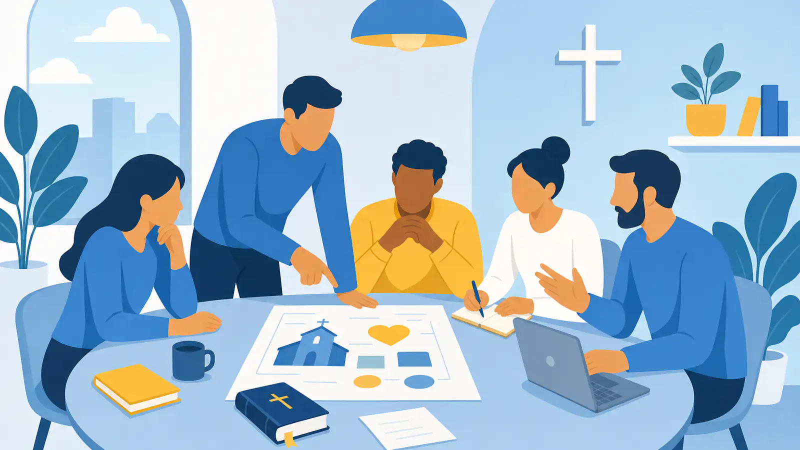 Equipe diversa de líderes cristãos planejando um projeto ao redor de uma mesa.