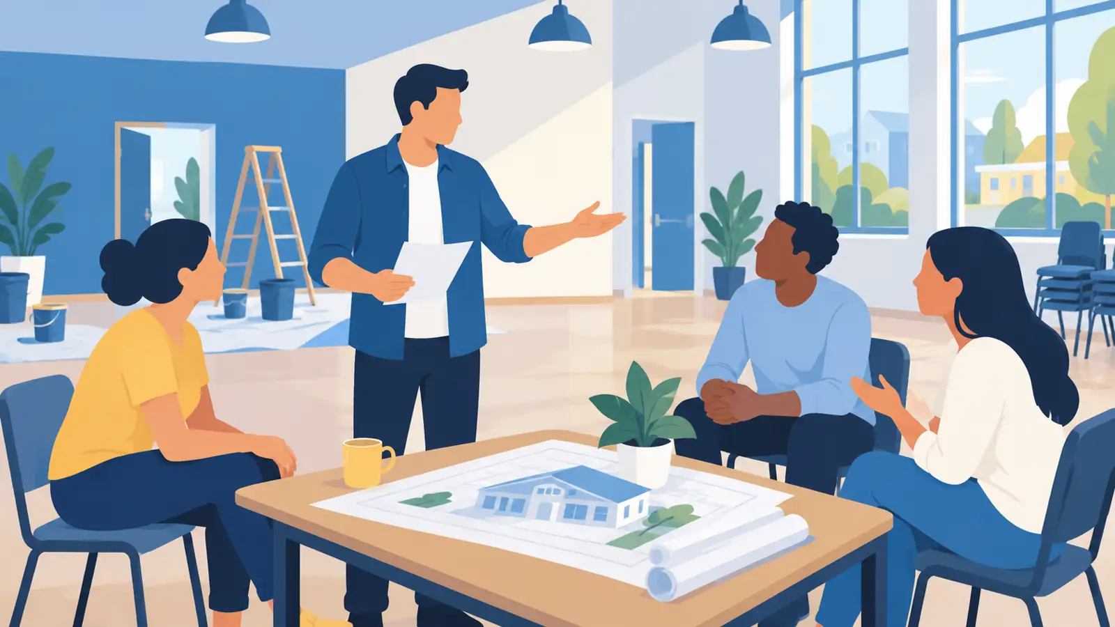 Um líder compartilhando um projeto de renovação com uma pequena equipe de voluntários reunida em um salão comunitário.